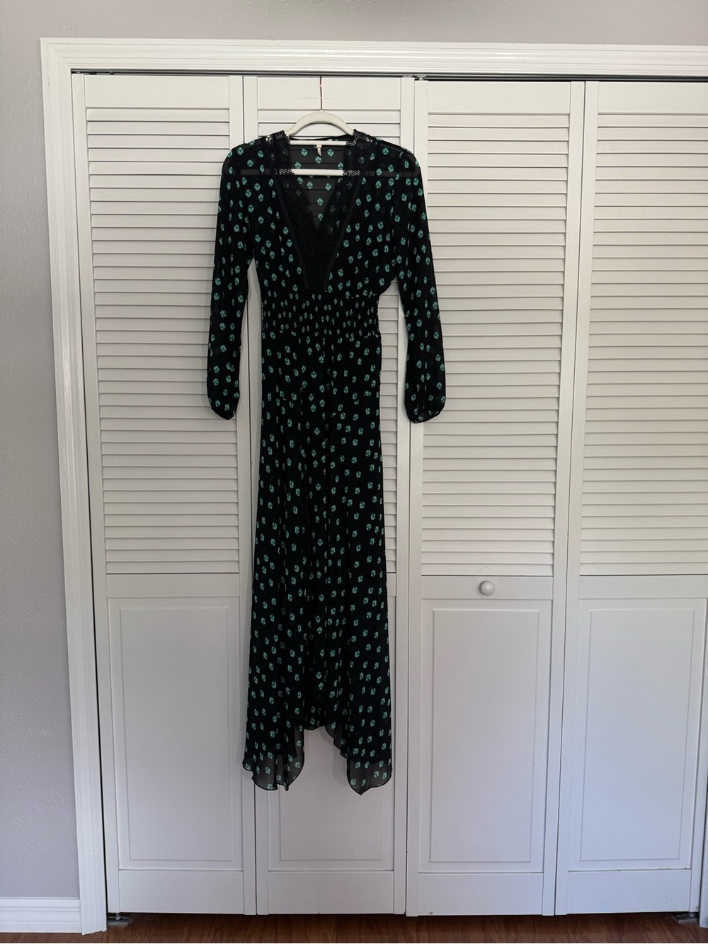Maje Black Boho Maxi Dress with Teal Floral Print Smocked Waist Sz S